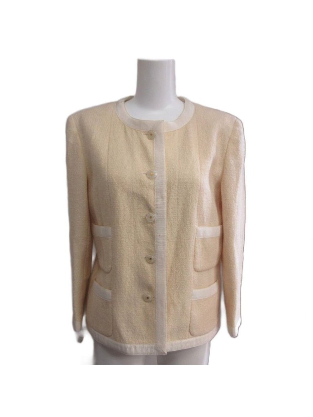 Chanel 02P Collarless Tweed Jacket CC Logo Button L Ivory 40